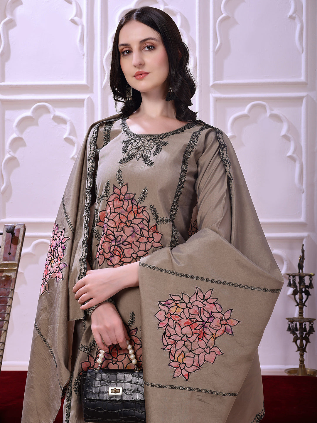 Taupe Floral-Embroidered Straight Suit Set With Lace-Bordered Dupatta And Tapered Pants, Taupe - Hiral Fashion - Distacart