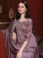 Straight Suit Set With Silver-Embroidered Kurta, Bordered Dupatta And Tapered Pant, Mauve - Hiral Fashion - Distacart