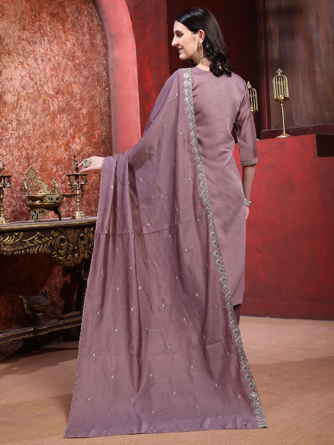 Straight Suit Set With Silver-Embroidered Kurta, Bordered Dupatta And Tapered Pant, Mauve - Hiral Fashion - Distacart
