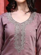 Straight Suit Set With Silver-Embroidered Kurta, Bordered Dupatta And Tapered Pant, Mauve - Hiral Fashion - Distacart