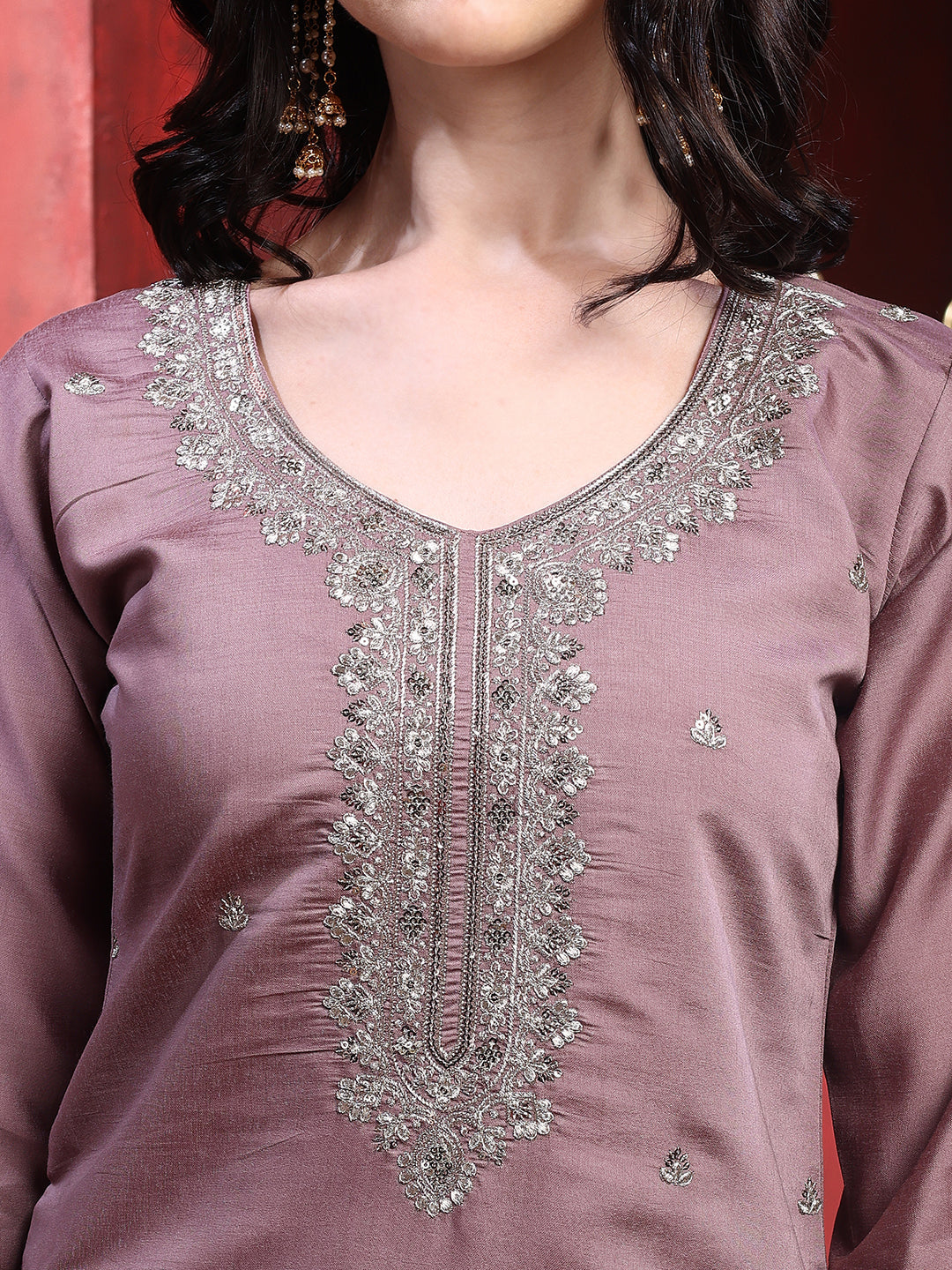 Straight Suit Set With Silver-Embroidered Kurta, Bordered Dupatta And Tapered Pant, Mauve - Hiral Fashion - Distacart