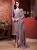 Straight Suit Set With Silver-Embroidered Kurta, Bordered Dupatta And Tapered Pant, Mauve - Hiral Fashion - Distacart