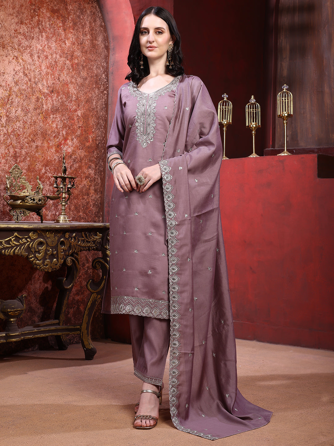 Straight Suit Set With Silver-Embroidered Kurta, Bordered Dupatta And Tapered Pant, Mauve - Hiral Fashion - Distacart