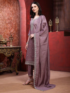 Straight Suit Set With Silver-Embroidered Kurta, Bordered Dupatta And Tapered Pant, Mauve - Hiral Fashion - Distacart