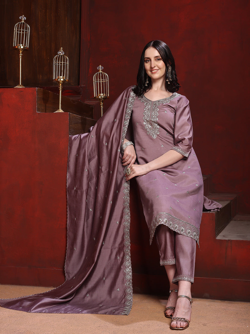 Straight Suit Set With Silver-Embroidered Kurta, Bordered Dupatta And Tapered Pant, Mauve - Hiral Fashion - Distacart
