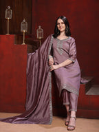 Straight Suit Set With Silver-Embroidered Kurta, Bordered Dupatta And Tapered Pant, Mauve - Hiral Fashion - Distacart