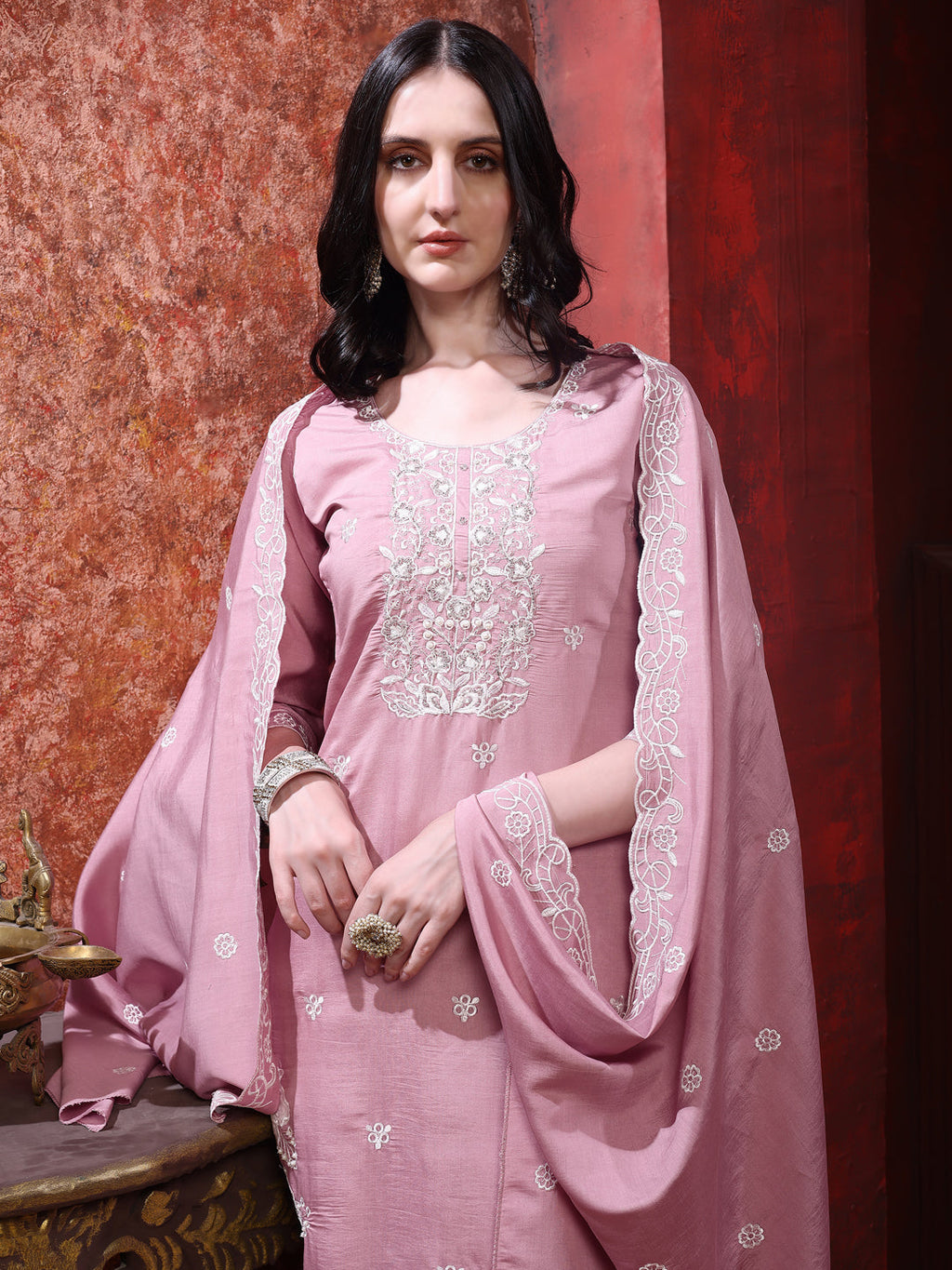 Hand Embroidered Kurta With Pant & Dupatta, Pink - Hiral Fashion - Distacart