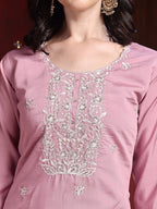 Hand Embroidered Kurta With Pant & Dupatta, Pink - Hiral Fashion - Distacart