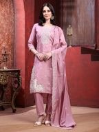 Hand Embroidered Kurta With Pant & Dupatta, Pink - Hiral Fashion - Distacart