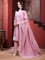 Hand Embroidered Kurta With Pant & Dupatta, Pink - Hiral Fashion - Distacart