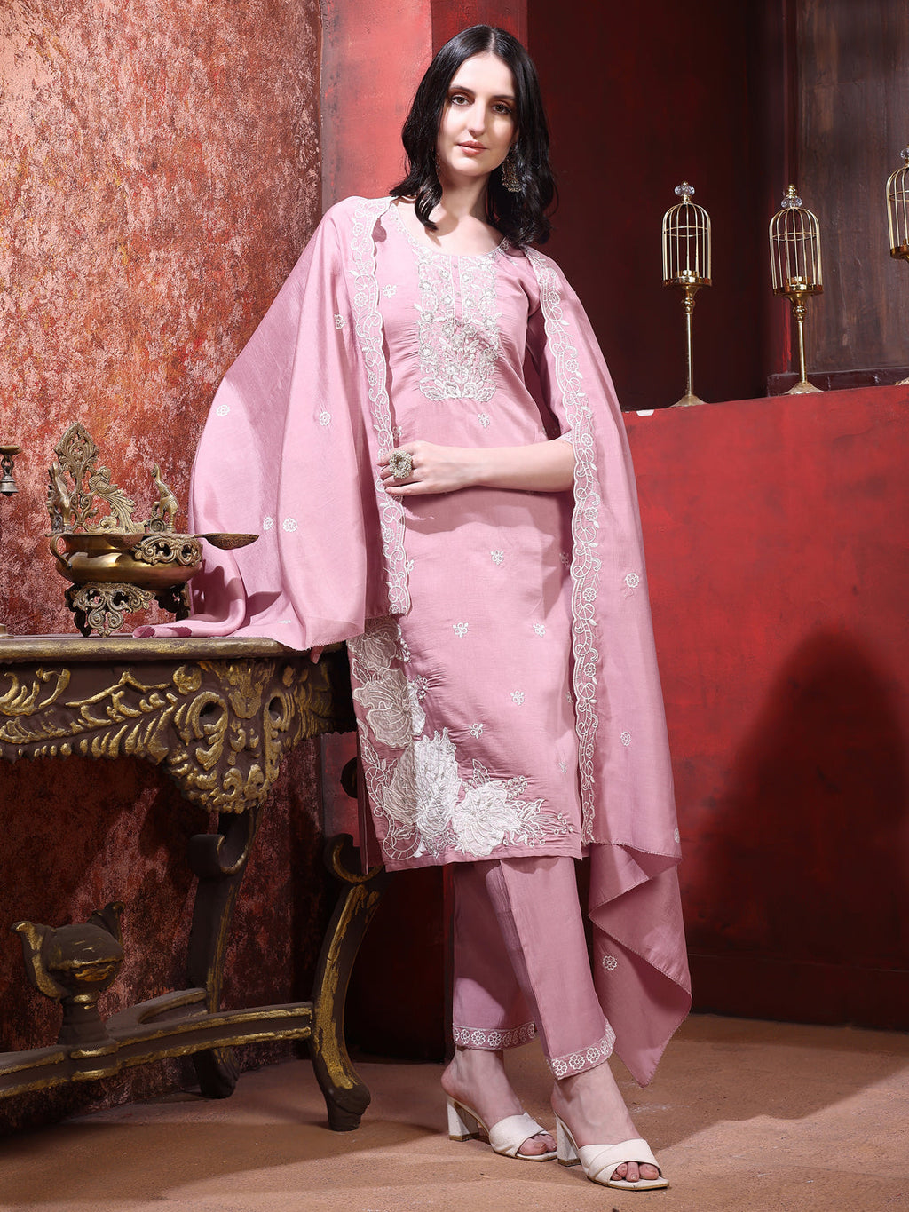 Hand Embroidered Kurta With Pant & Dupatta, Pink - Hiral Fashion - Distacart