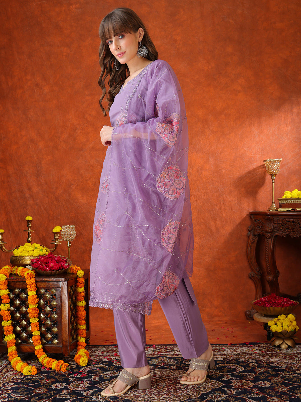 Embroidered Kurta With Pant & Embroidered Dupatta, Lavender - Hiral Fashion - Distacart