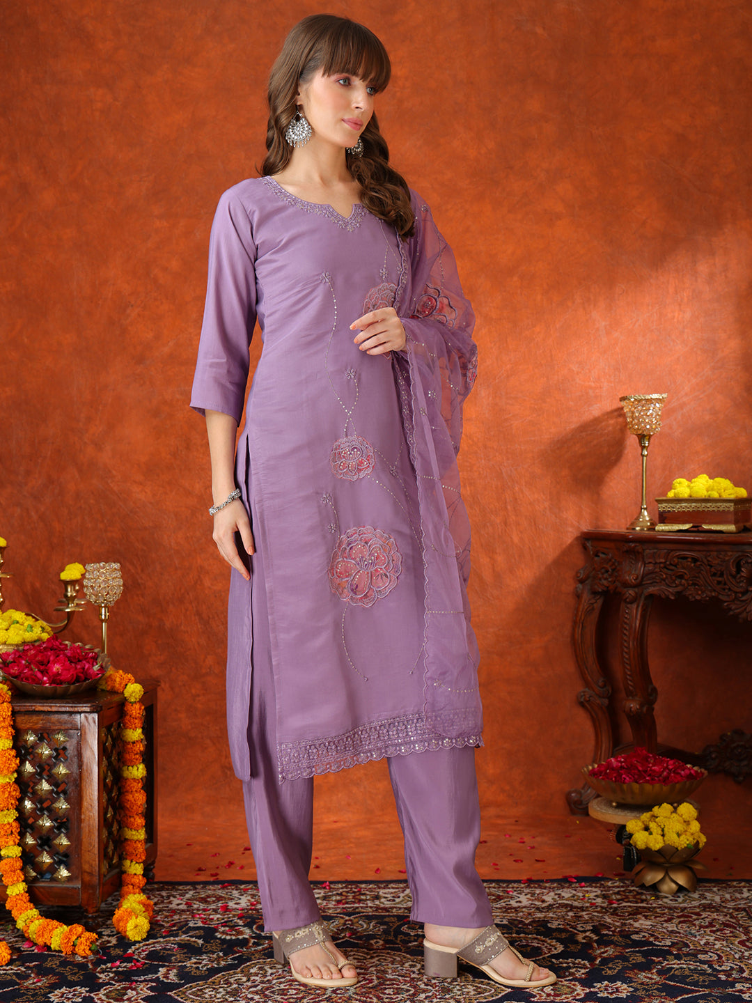 Embroidered Kurta With Pant & Embroidered Dupatta, Lavender - Hiral Fashion - Distacart