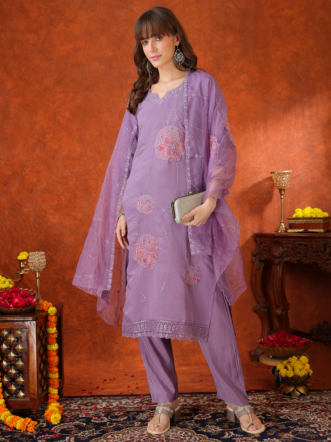 Embroidered Kurta With Pant & Embroidered Dupatta, Lavender - Hiral Fashion - Distacart