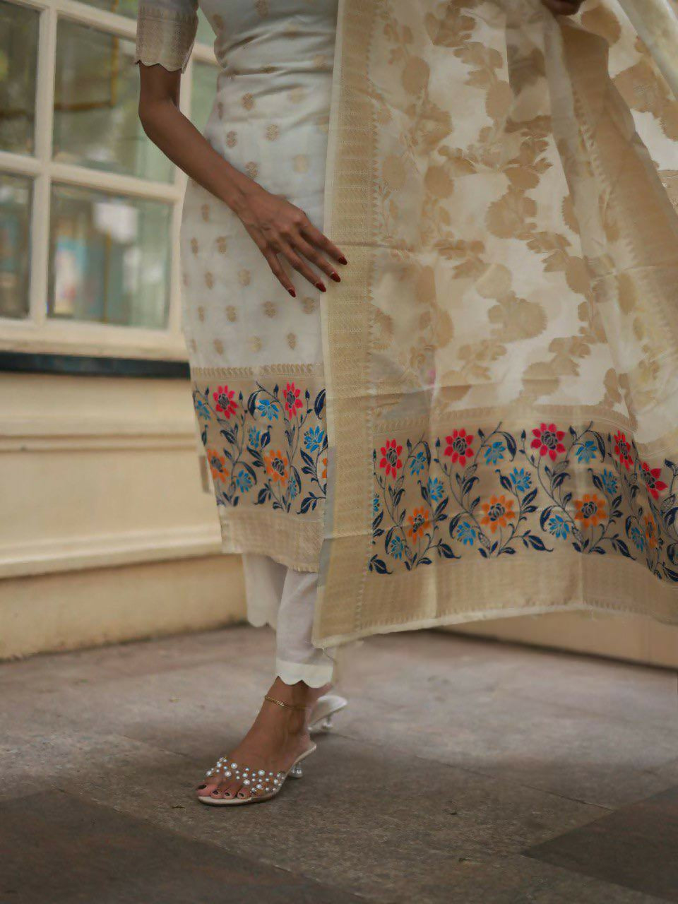 The52 White Women's Beautiful Viscose Jacquard Fabric Printed Work Straight Kurta Pant and Dupatta Set - Distacart