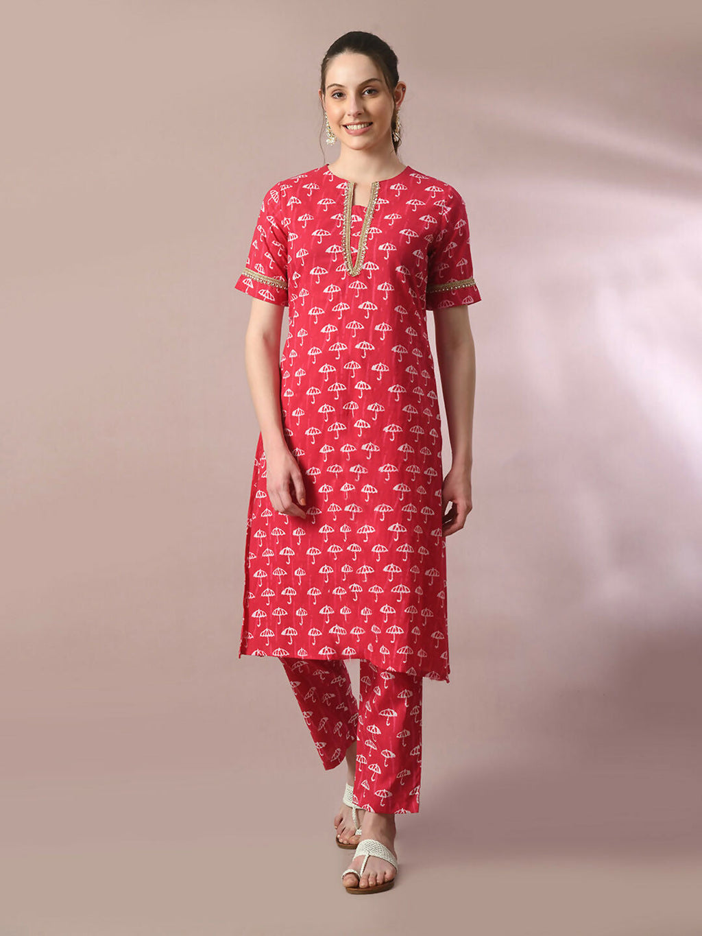 Myshka Women's Pink Printed Cotton Straight Party Kurta Set