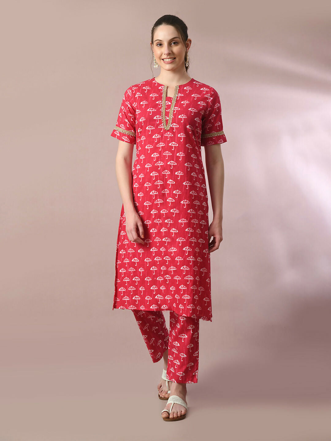 Myshka Women's Pink Printed Cotton Straight Party Kurta Set