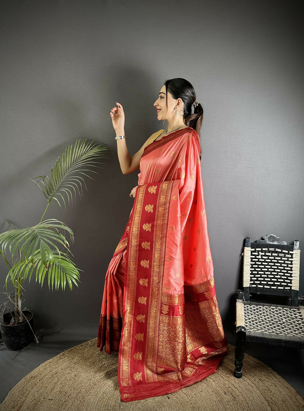 Joban Fashion Peach Banarasi Soft Silk Woven Butti Saree - Distacart