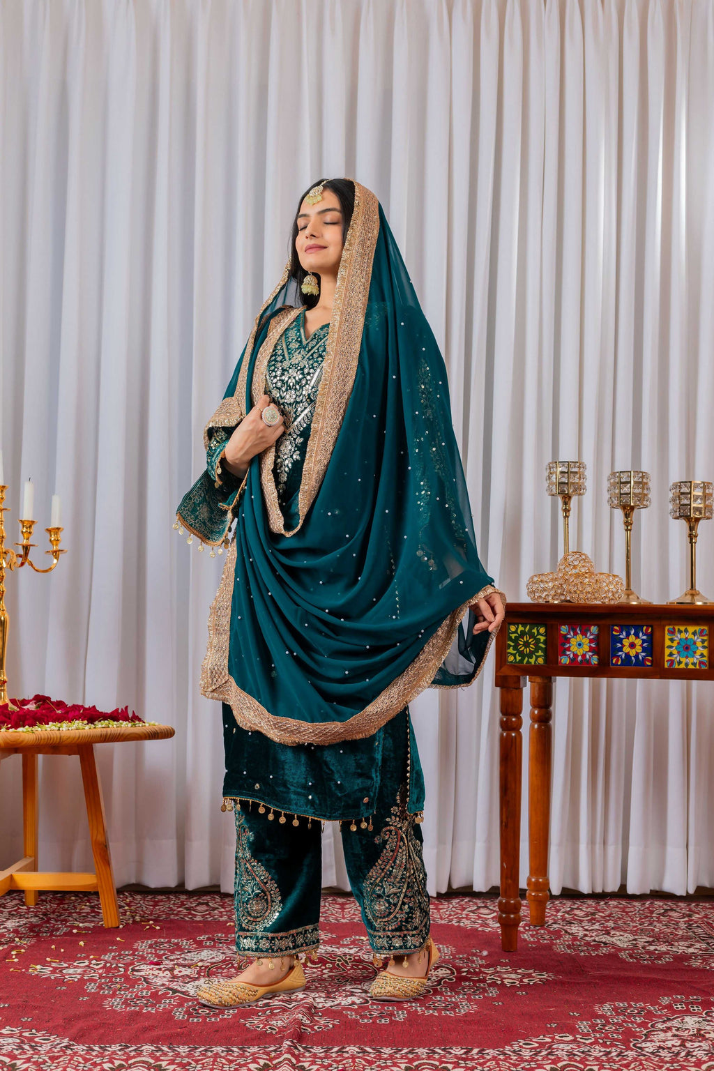 Teeya Creation Teal Color Velvet Silk Embroidery Work Party Wear Suit - Distacart