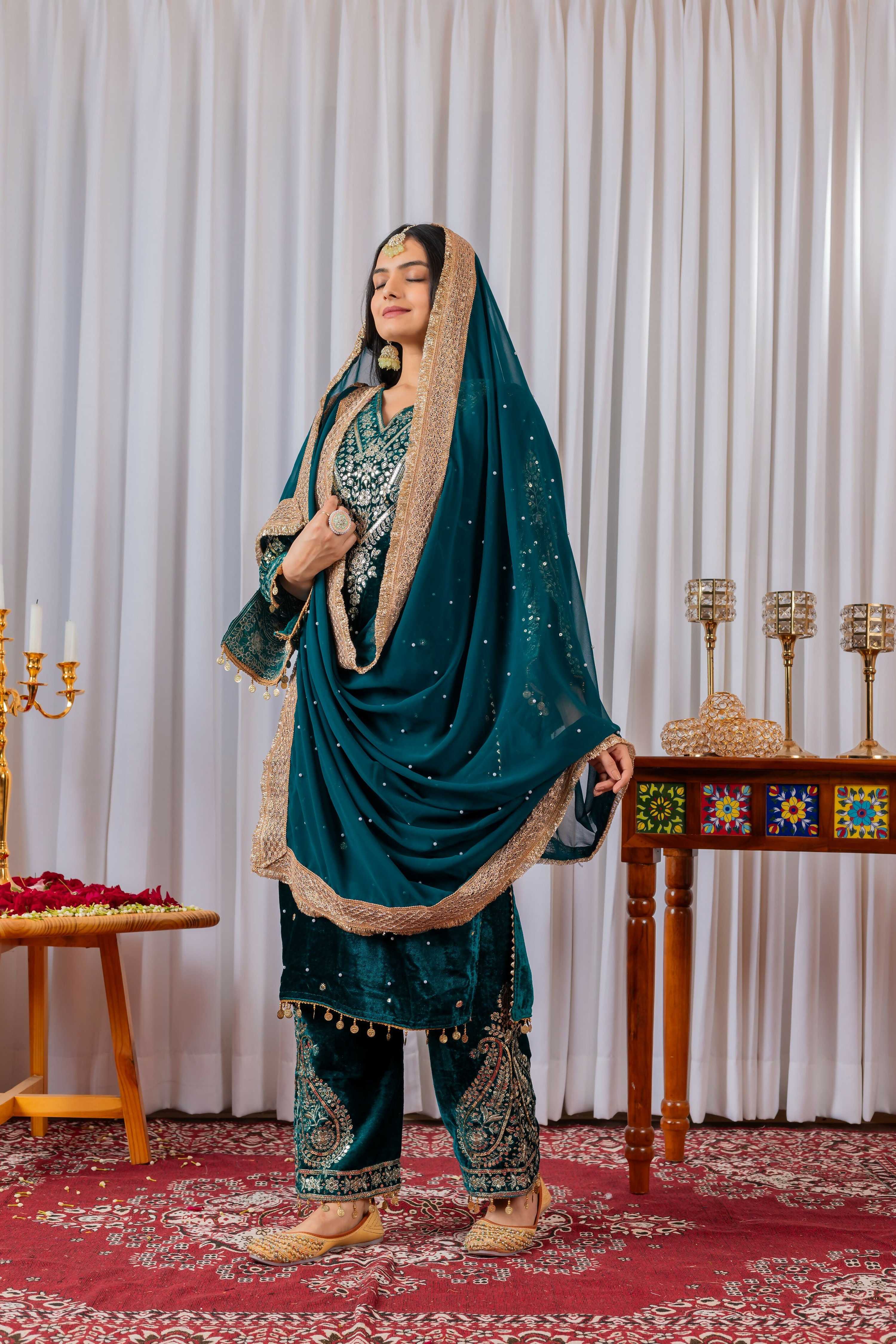 Teeya Creation Teal Color Velvet Silk Embroidery Work Party Wear Suit - Distacart