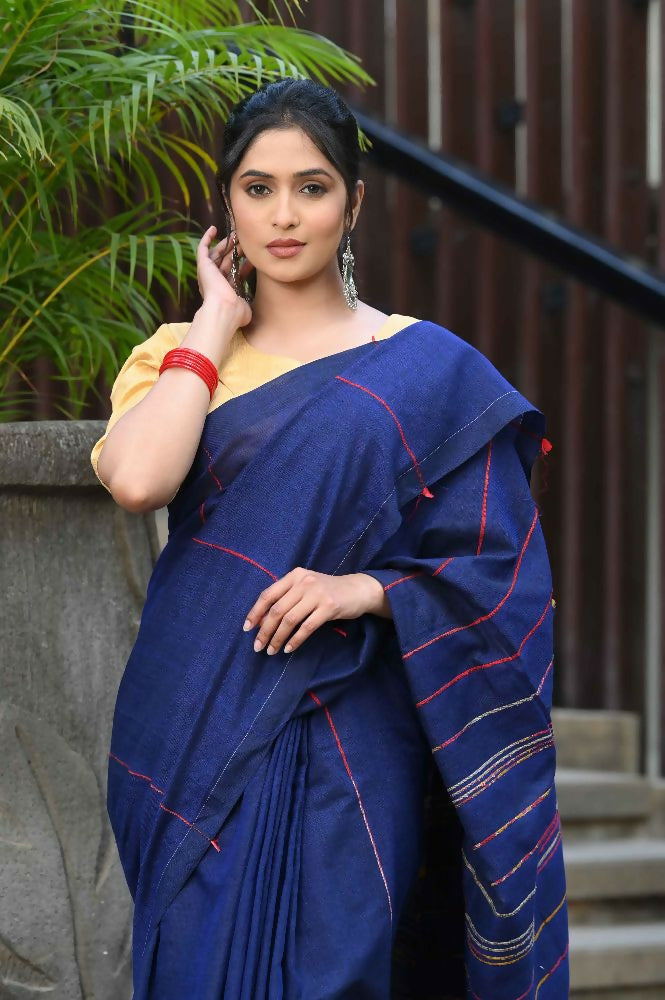 Beatitude Blue Khadi Ghicha Stripes Saree