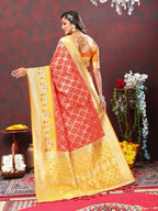 Vastranavya Red Soft Patola Silk With Meenakari Weaving Motifs And Rich Zari Weaving Pallu Saree With Matching Blouse Fabric