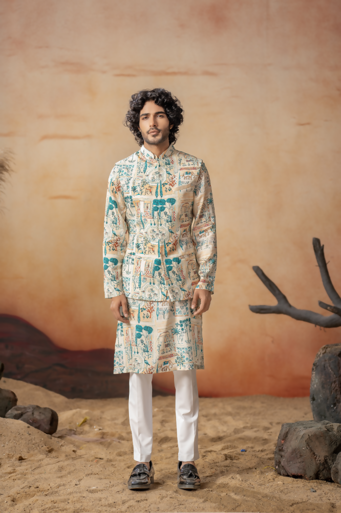 Classic Forest Print Silk Nehrujacket Set by Hilo Design