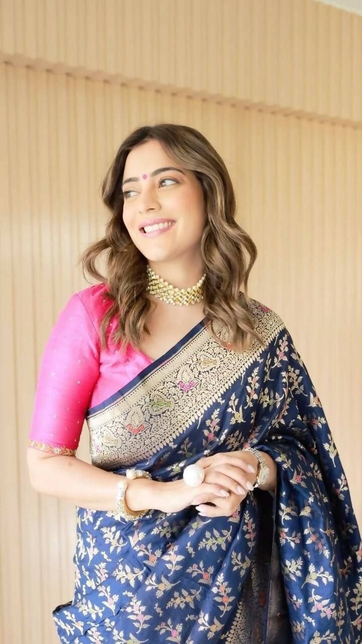 DEIANA'S Beautiful Designer Golden zari Soft Lichi Silk Saree - Navy Blue