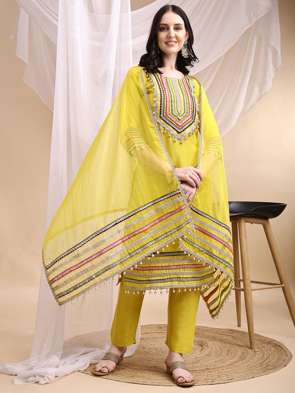 Hand Embroidered Kurta With Pant & Dupatta, Mustard - Hiral Fashion