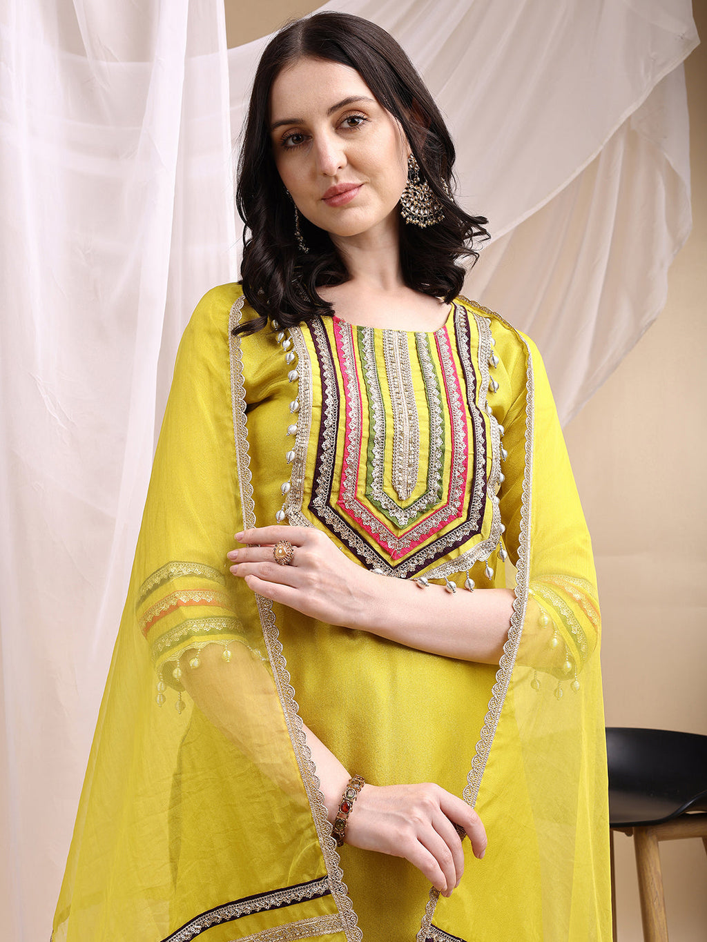Hand Embroidered Kurta With Pant & Dupatta, Mustard - Hiral Fashion