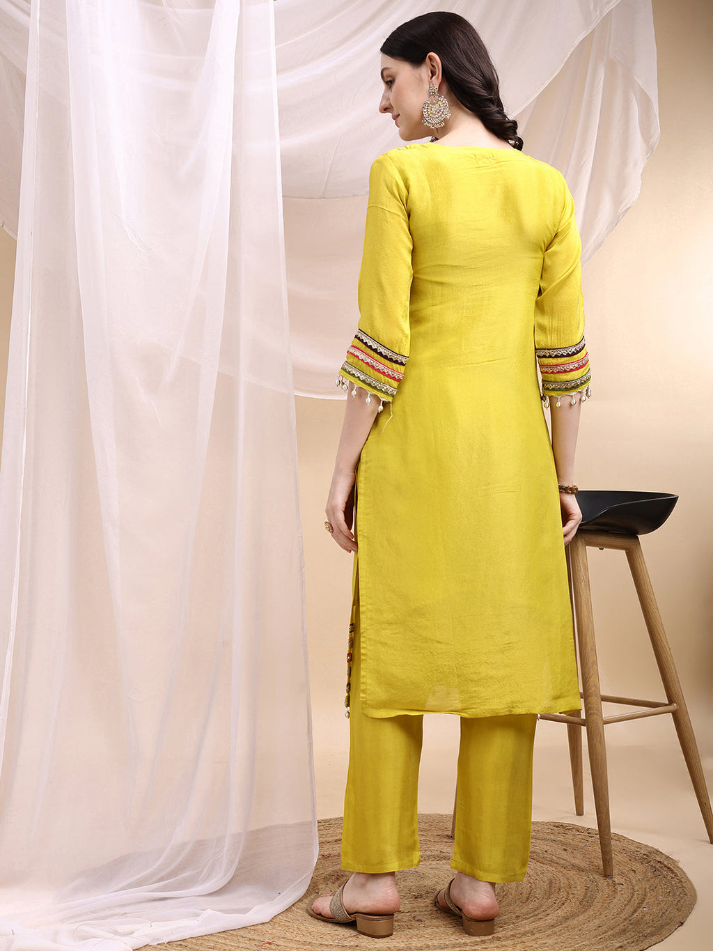 Hand Embroidered Kurta With Pant & Dupatta, Mustard - Hiral Fashion