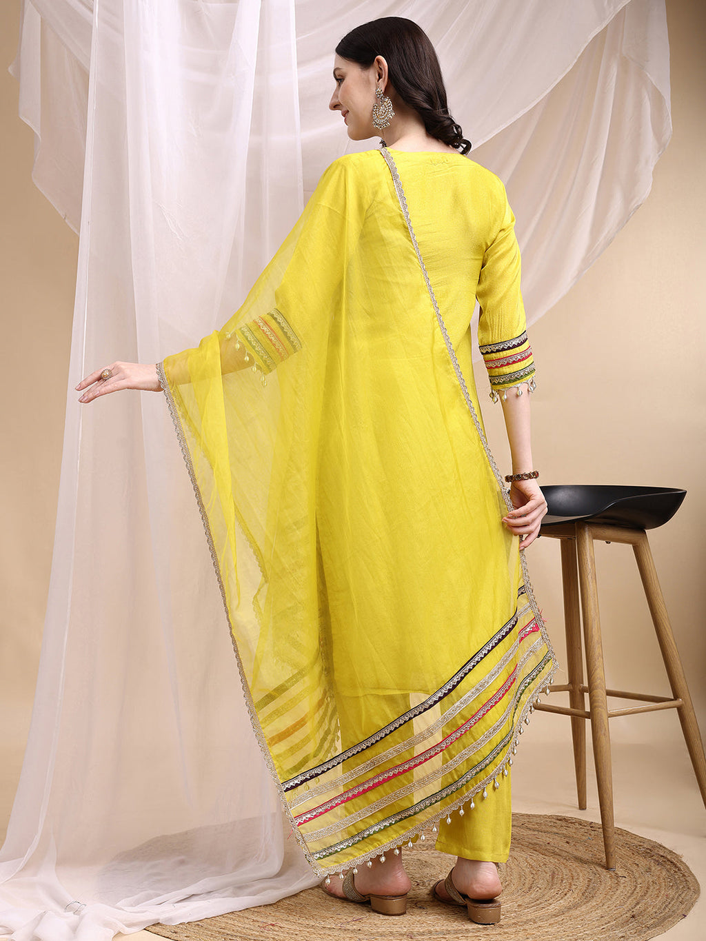 Hand Embroidered Kurta With Pant & Dupatta, Mustard - Hiral Fashion
