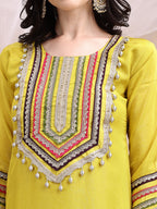 Hand Embroidered Kurta With Pant & Dupatta, Mustard - Hiral Fashion
