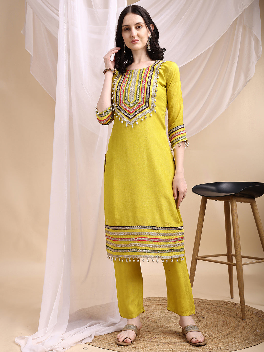 Hand Embroidered Kurta With Pant & Dupatta, Mustard - Hiral Fashion