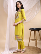 Hand Embroidered Kurta With Pant & Dupatta, Mustard - Hiral Fashion