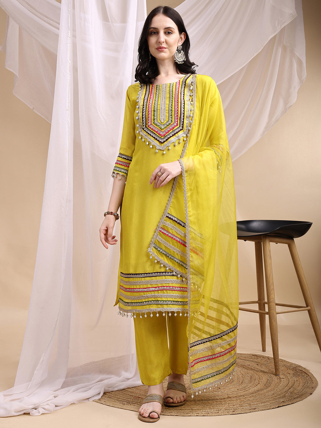 Hand Embroidered Kurta With Pant & Dupatta, Mustard - Hiral Fashion
