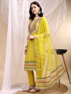 Hand Embroidered Kurta With Pant & Dupatta, Mustard - Hiral Fashion