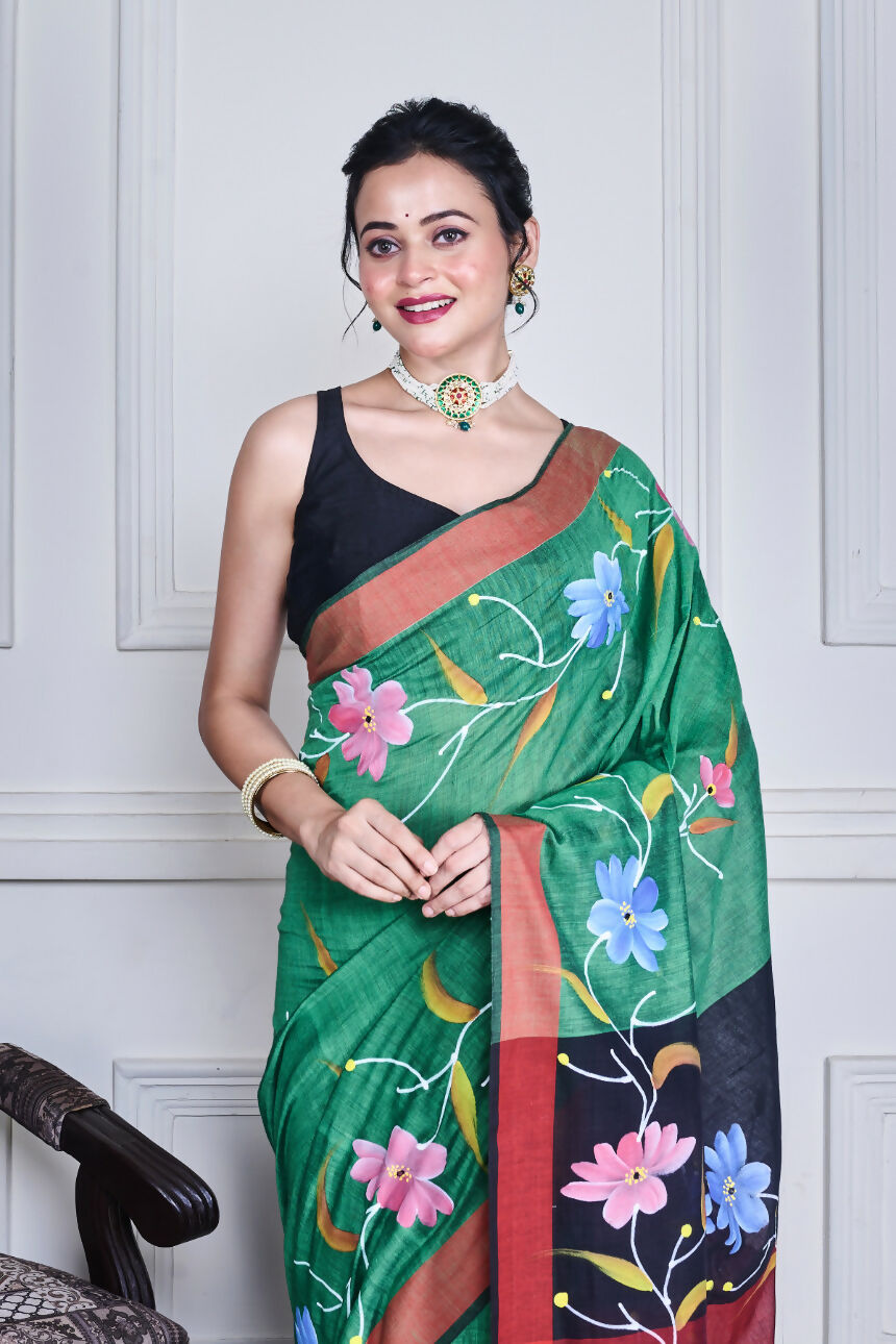 Morchari Multicolour Cotton Handloom Mirror Work Saree Unstitched Blouse - Distacart