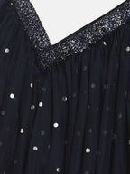 Ahalyaa Navy Blue Net Asymmetric Kids Top With Skirt For Girls