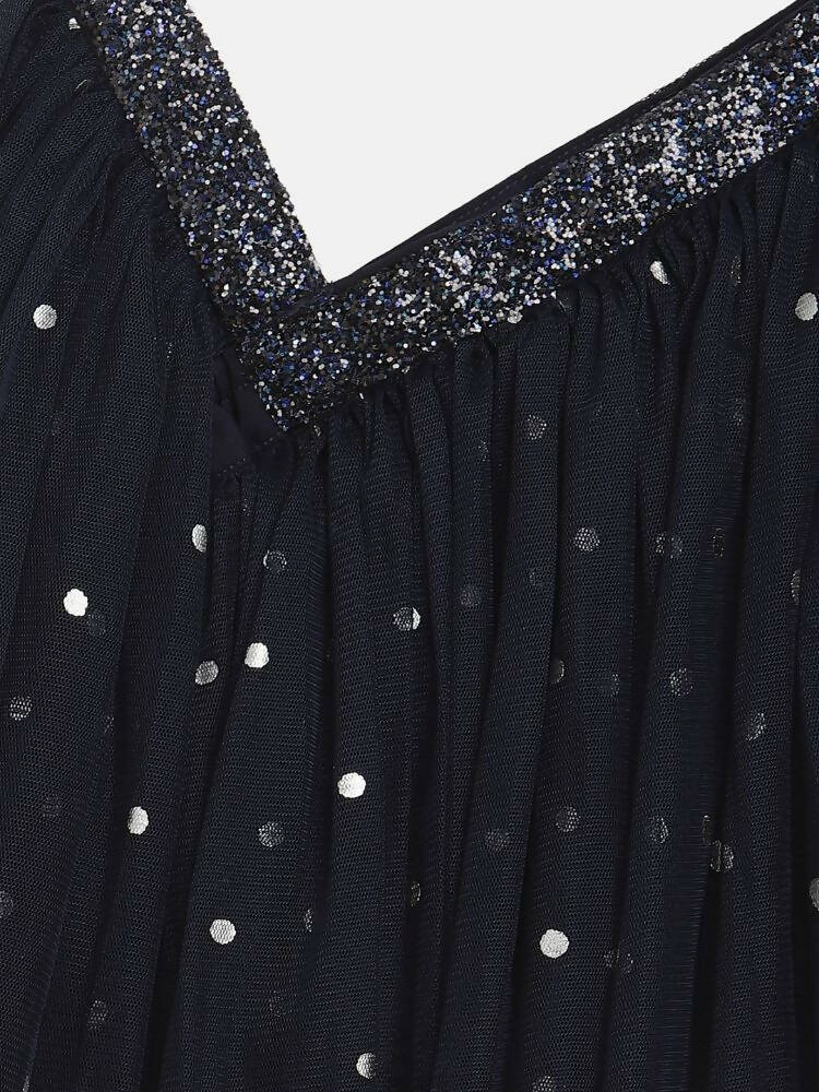 Ahalyaa Navy Blue Net Asymmetric Kids Top With Skirt For Girls