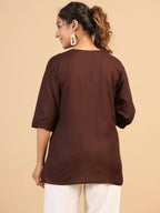 Womens Brown Rayon Yoke Embroidered Top - Keeva