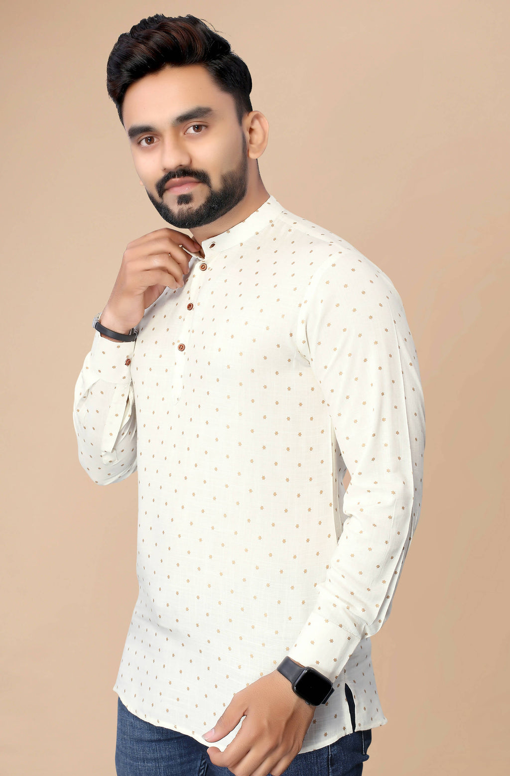 Mens Off White Viscose Foil Print Kurta - Mahotsav