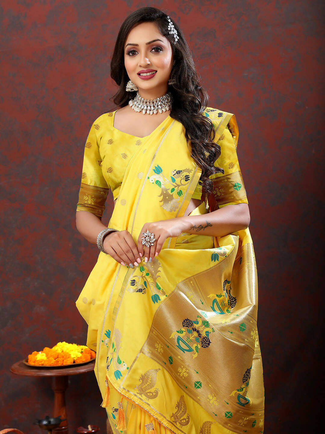 Lorenvalley Fashion Yellow Soft Paithani Silk Woven Design Gold Zari Meenakari Weaving Saree