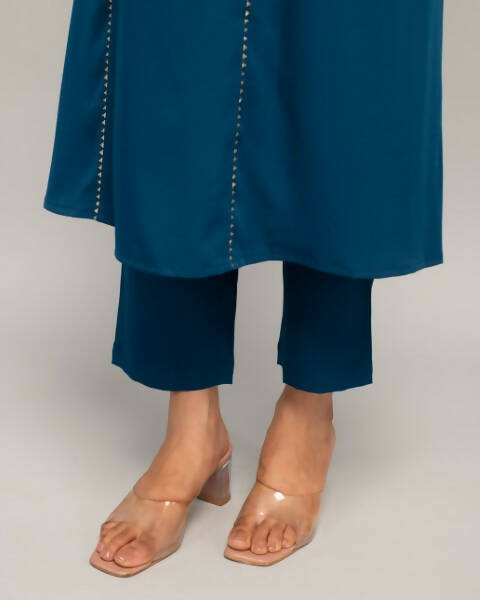 FIORRA Women's Teal Blue Creap A-Line Kurta Pant With Dupatta