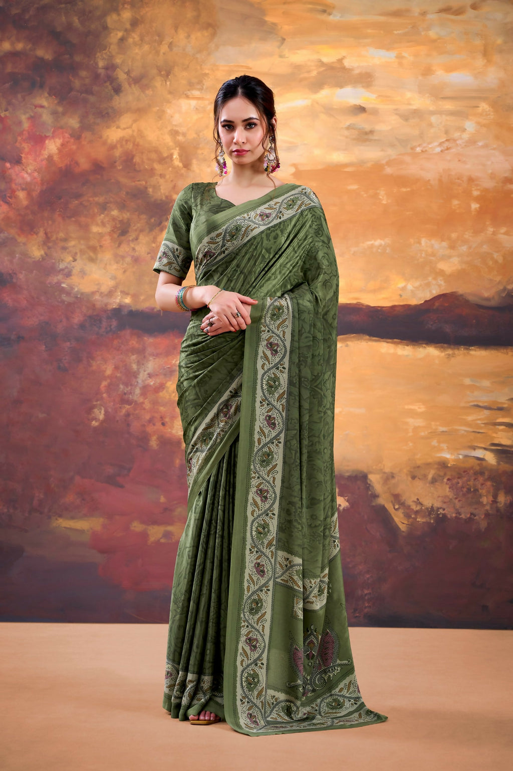 Vastranavya Mehendi Crepe Printed Saree with Unstitched Blouse - Distacart