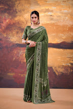 Vastranavya Mehendi Crepe Printed Saree with Unstitched Blouse - Distacart