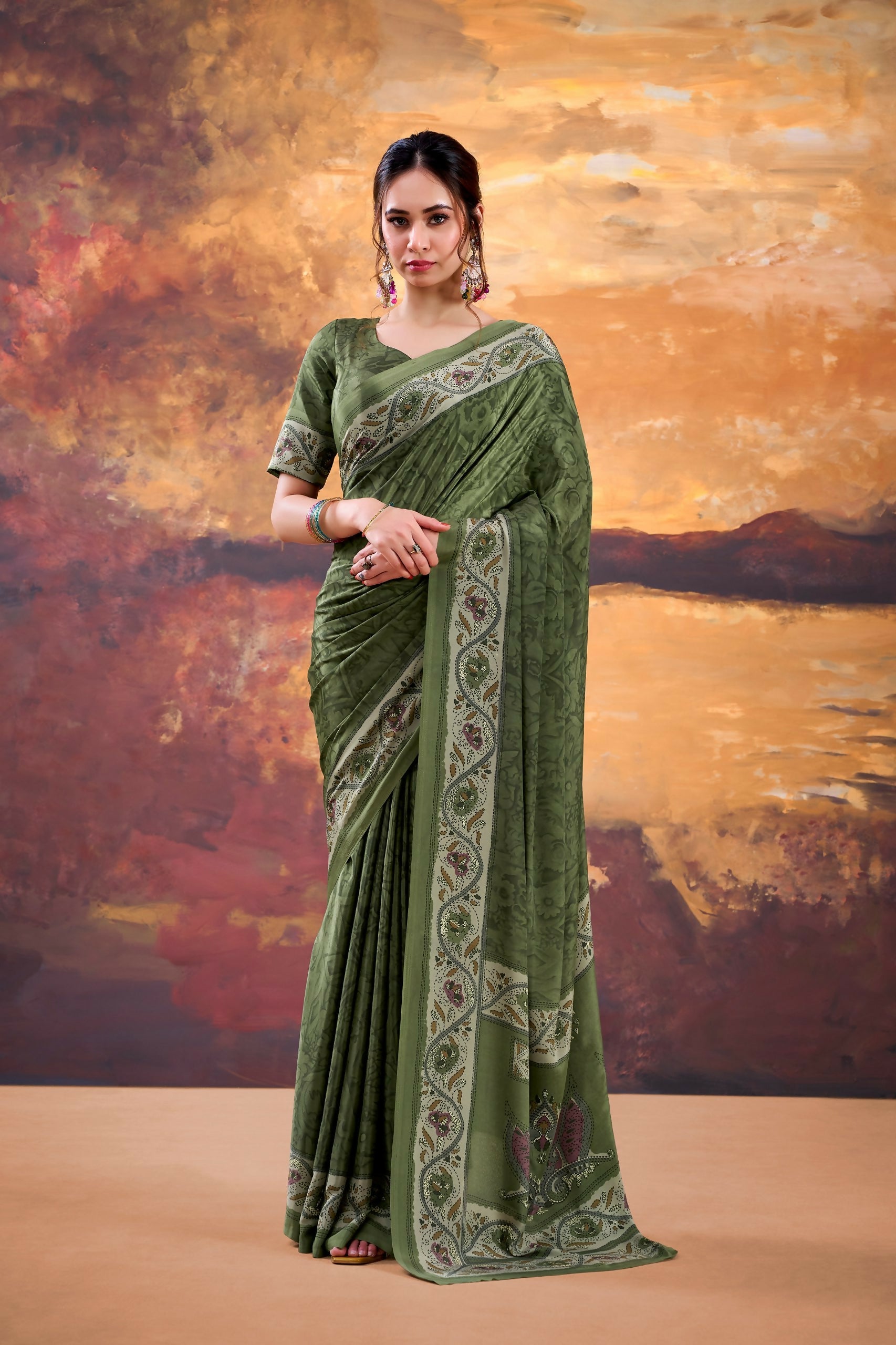 Vastranavya Mehendi Crepe Printed Saree with Unstitched Blouse - Distacart