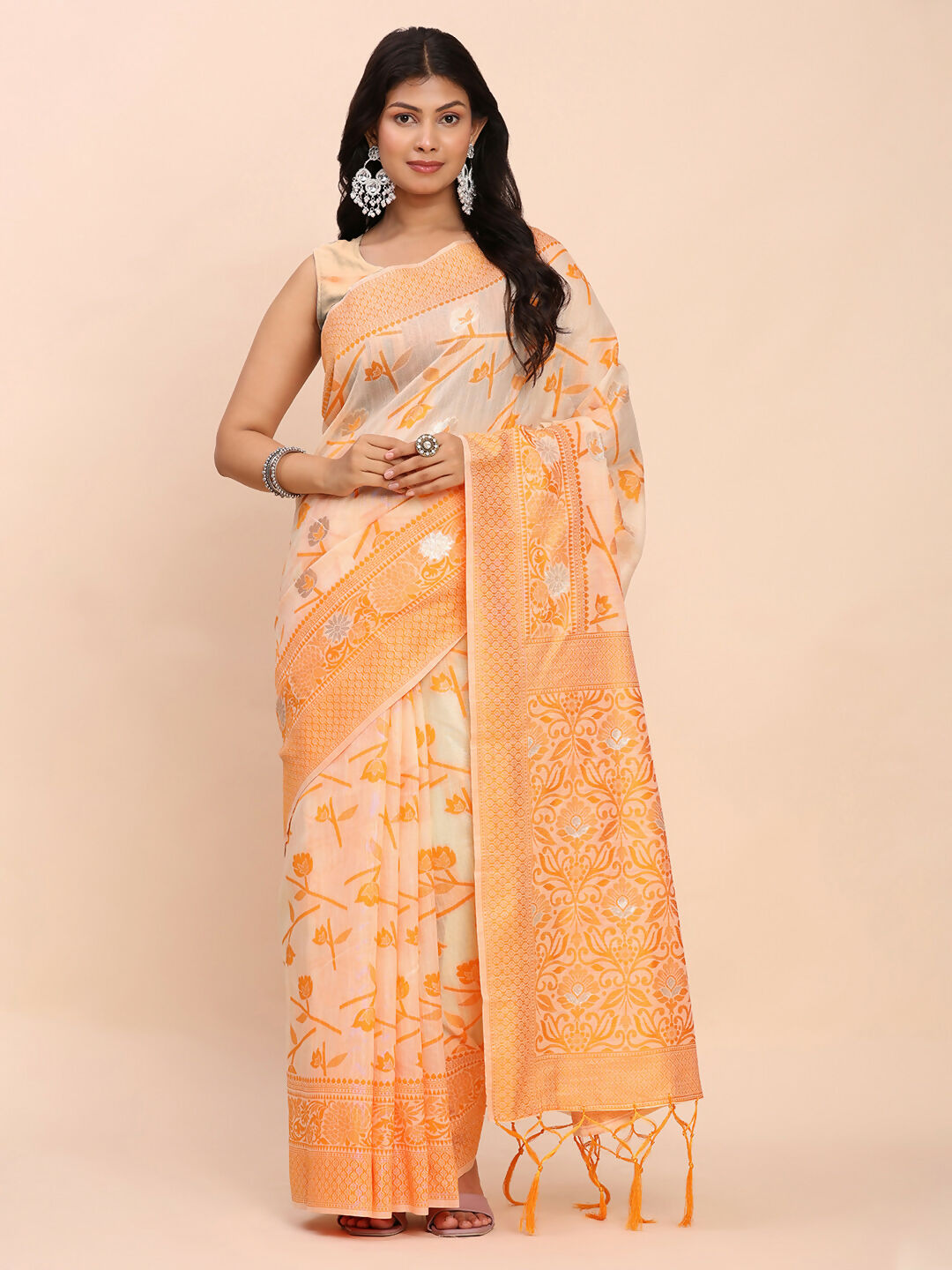 Shree Shyam Fashion Linen Cotton Orange Saree - Distacart