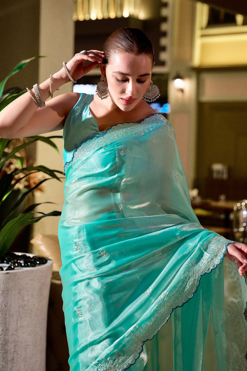 Vastranavya Turquoise Embroidery Work Shimmer Chiffon Saree with Unstitched Blouse - Distacart
