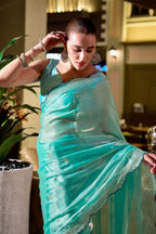 Vastranavya Turquoise Embroidery Work Shimmer Chiffon Saree with Unstitched Blouse - Distacart